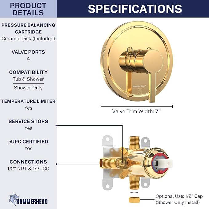HammerHead Showers Solid Metal Single-Handle Trim Kit with Rough-In Shower Valve, Volume and Temperature Control, Pressure Balance, Polished Brass