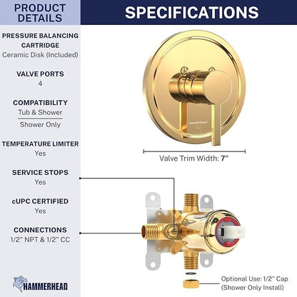 HammerHead Showers Solid Metal Single-Handle Trim Kit with Rough-In Shower Valve, Volume and Temperature Control, Pressure Balance, Polished Brass