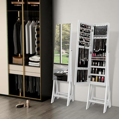 COSTWAY 12 LED Mirror Jewelry Cabinet, Freestanding Jewelry Storage Organizer w/Full Length Mirror, Large Capacity Jewelry Armoire w/Bottom Shelf, Mirror with Jewelry Storage for Women Girls (White)