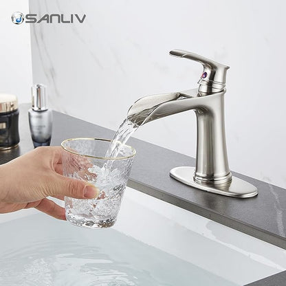Brushed Nickel Bathroom Sink Faucet, Sanliv Single Handle Centerset Bathroom Faucet with Pop-Up Drain & Deck Plate for 1 or 3-Hole (4 inch), Brushed Nickel Waterfall Vanity Faucet