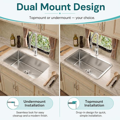 Kitsitchen RV Kitchen Sink,16 Gauge T304 Stainless Steel Undermount Kitchen Sinks, 23" x 16" x 7" Single Bowl Drop In Kitchen Sinks with Accessories,7 inch Deep for Outdoor Camper RV Sink