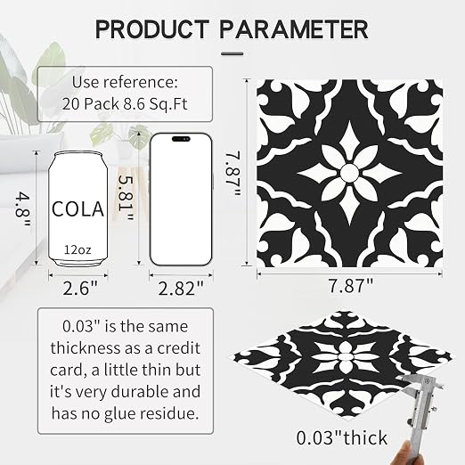 MORCART 20PCS 7.87" x 7.87" Peel and Stick Floor Tile, Black & White Retro | Self-Adhesive DIY Vinyl Flooring, Removable and Waterproof Tile Sticker for Bathroom, Kitchen, Wall, Bedroom, Stairs