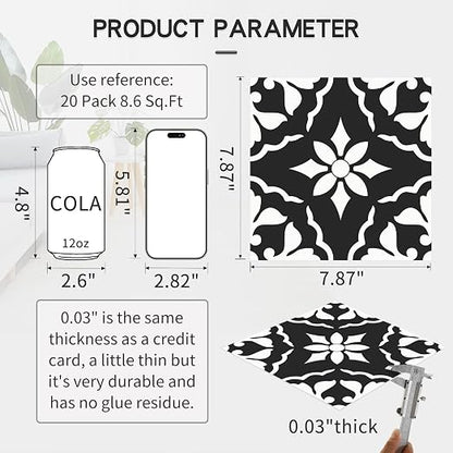 MORCART 20PCS 7.87" x 7.87" Peel and Stick Floor Tile, Black & White Retro | Self-Adhesive DIY Vinyl Flooring, Removable and Waterproof Tile Sticker for Bathroom, Kitchen, Wall, Bedroom, Stairs
