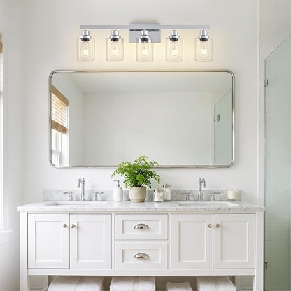 DIKADIA 5-Light Chrome Bathroom Vanity Light Over Mirror 30" Bathroom Light | Polished Chrome,Modern Vanity Lighting Fixture,Farmhouse Wall Sconces with Clear Glass Shade,Wall Light Over Mirror Sink