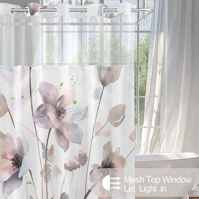 No Hook Shower Curtain and Liner Set, Pink Boho Floral 71x74 | Watercolor Boho Flower, with Snap in Liner, Waterproof, Machine Washable, Quick-Drying, for Hotel Bathroom