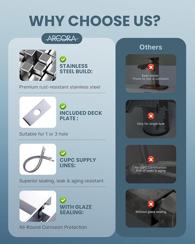 ARCORA Waterfall Bathroom Faucet Chrome: Modern Single Handle Bathroom Faucet for 1 or 3 Hole - Bathroom Sink Faucet with Pop Up Drain and Supply Lines