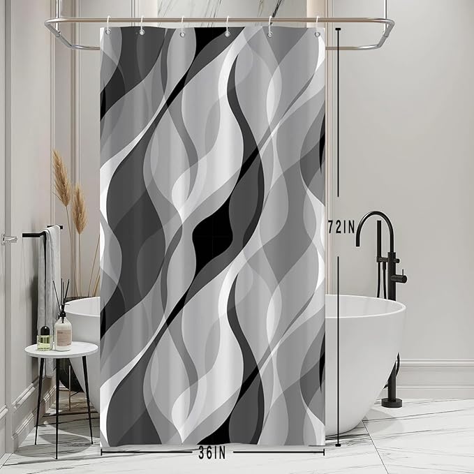 Stall Shower Curtain, Small Black and Grey Shower Curtain Set for Bathroom Waterproof Narrow Shower Curtain Set with Hooks, 36x72 Inch
