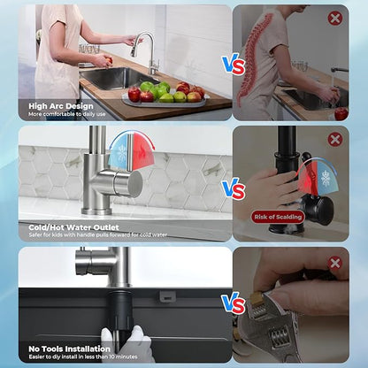 Kitchen Faucet with Pull Down Sprayer, VFAUOSIT Lead-Free Kitchen Sink Faucet Brushed Nickel Stainless Steel Modern High Arc Pull Out Single Hole Kitchen Faucets for Bar RV Bathroom Sink Faucets