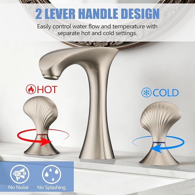 Brushed Nickel Bathroom Faucet 3 Hole, 8 Inch Widespread Bathroom Sink Faucet for Vanity, 2 Handle Bathroom Faucets, Bathroom Vanity Faucet with Pop-Up Drain and Supply Hoses