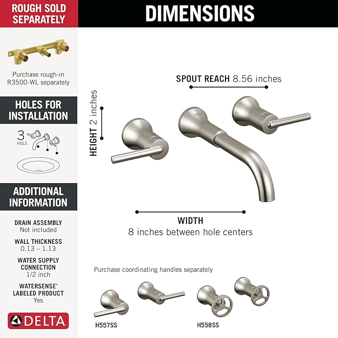 Delta Trinsic Wall Mount Bathroom Faucet 3 Hole, Brushed Nickel Bathroom Sink Faucet for Wall, Stainless T3554LF-SSLHP-WL (Valve and Handles Not Included)