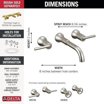 Delta Trinsic Wall Mount Bathroom Faucet 3 Hole, Brushed Nickel Bathroom Sink Faucet for Wall, Stainless T3554LF-SSLHP-WL (Valve and Handles Not Included)