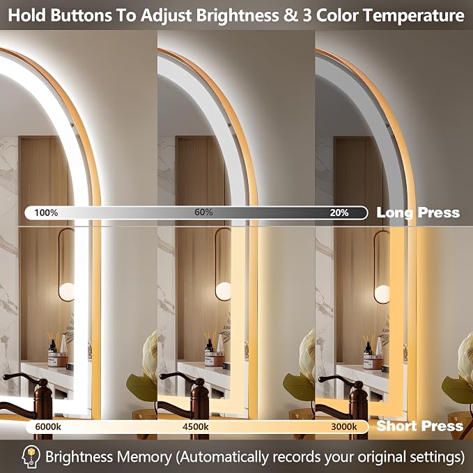 Arched LED Bathroom Mirror, 32"x20" Arch Backlit Vanity Mirror with Lights, Frontlit, Dimmable, 3 Colors, Memory Function, Anti-Fog Smart Mirror, Gold Frame, Shatterproof, UL Listed