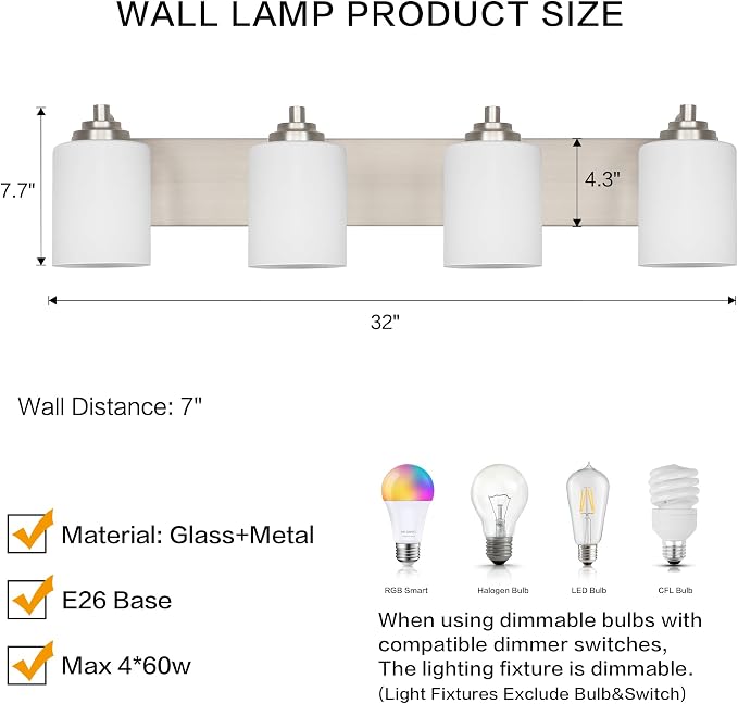 SOLFART Brushed Nickel Bathroom Vanity Light Vintage 4 Light Wall Light with Milky White Globes, 4 Lights Modern Over Mirror Lighting Fixture for Bathroom