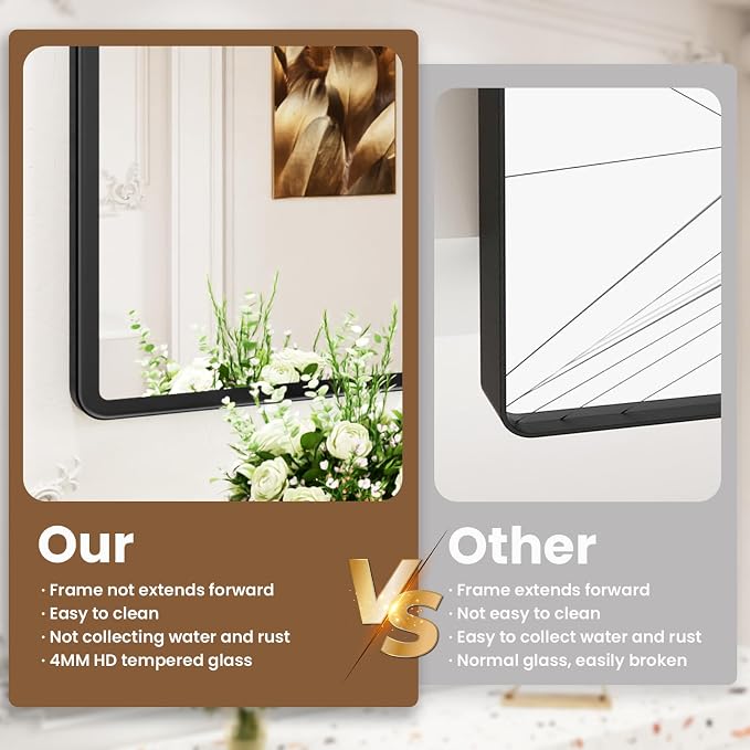 pertetey 24 x 36 in Rounded Rectangle Bathroom Mirror | Black Metal Frame, Tempered Glass, Wall Mounted
