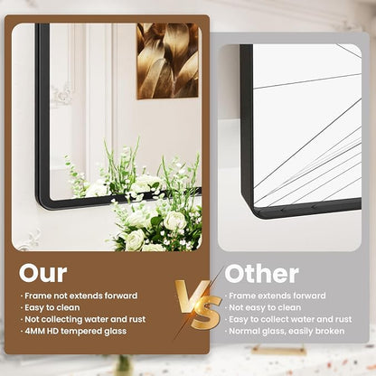 pertetey 24 x 36 in Rounded Rectangle Bathroom Mirror | Black Metal Frame, Tempered Glass, Wall Mounted