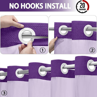 No Hook Shower Curtain and Liner Set,Deep Purple Hotel Waffle Shower Curtain with Liner 75" L x 72" W
