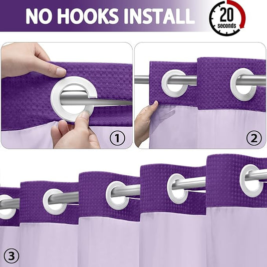 No Hook Shower Curtain with Liner Set Hotel Waffle Deep Purple 72W X 75L | Washable Snap in Fabric Liner, Mesh Top Window, Waffle Hotel Style Shower Curtain Set