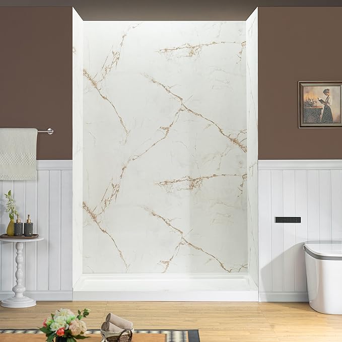 Woodbridge 48" W x 96" H 3-Piece Solid Surface Tile Tub and Shower Wall Panel Surround Kit in Beige Marble with Soft Brown Veining (High Gloss Finish), Quick Install and Trimmable, 3/16" (5mm) Thick