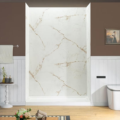 Woodbridge 48" W x 96" H 3-Piece Solid Surface Tile Tub and Shower Wall Panel Surround Kit in Beige Marble with Soft Brown Veining (High Gloss Finish), Quick Install and Trimmable, 3/16" (5mm) Thick