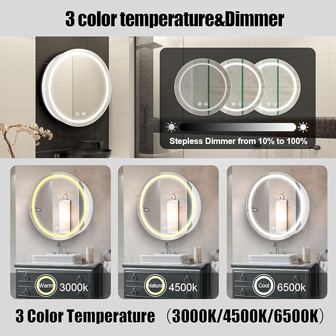 Round Medicine Cabinet with Light,3 Color Temperature,Dimmer,Defogger,32inch,White