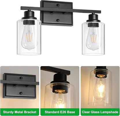 Unicozin 2 Light Bathroom Light Fixtures, Modern Vanity Lights Over Mirror, Black Wall Lamp with Clear Glass for Living Room Cabinet Bedroom Porch
