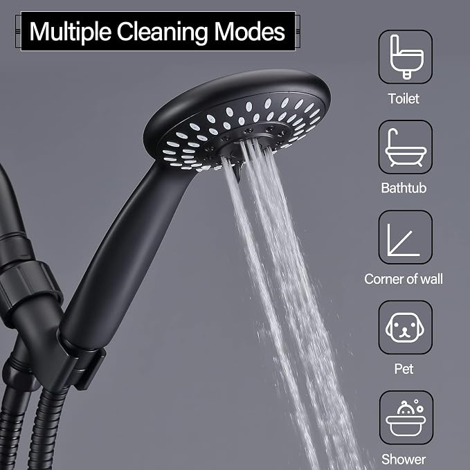 Handheld Shower Head High Pressure 5-Settings with Hose, Matte Black | Powerful Water Spray, Against Low Pressure Water Flow, 59 Inch Stainless Hose, Adjustable Mount