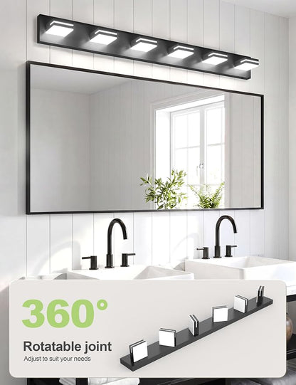 VOLISUN Modern Bathroom Vanity Light Fixtures (6-Light, 48-Inch), Matte Black LED Bathroom Lighting Fixtures Over Mirror, 360°Rotatable Head, LED Vanity Lights for Bathroom (Cool White 6000K)
