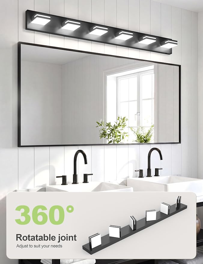 VOLISUN Modern Bathroom Vanity Light Fixtures (6-Light, 48-Inch), 5CCT Dimmable Lighting Fixtures Over Mirror, 360 Rotatable Head, Black LED Vanity Lights