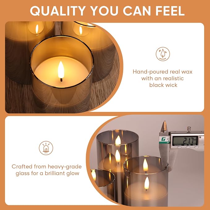 Smoke Grey Glass Flameless Pillar Candles with Remote, Flickering LED Battery Candles Table Decor Set of 3