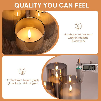 Smoke Grey Glass Flameless Pillar Candles with Remote, Flickering LED Battery Candles Table Decor Set of 3
