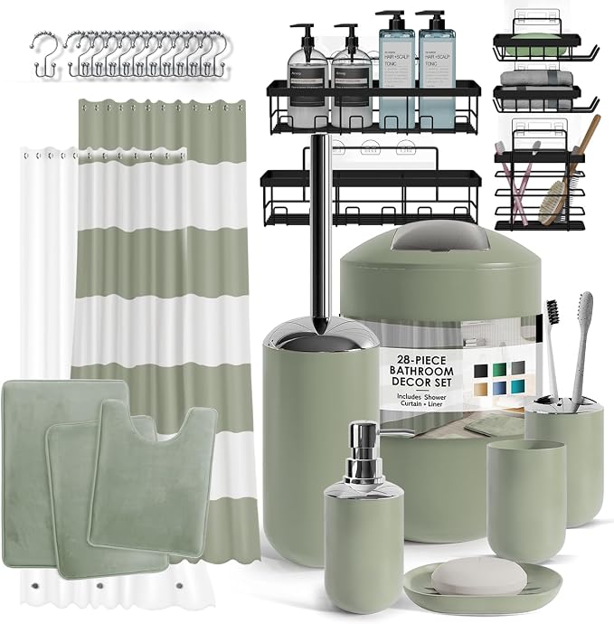 Clara Clark Bathroom Accessories Set - 28PC Bathroom Set with Adhesive Corner Shower Caddy Hanging, Bathroom Sets with Shower Curtain and Rugs, Sage Green Shower Curtain Set with Bathroom Trash Can