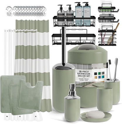 Clara Clark Bathroom Accessories Set - 28PC Bathroom Set with Adhesive Corner Shower Caddy Hanging, Bathroom Sets with Shower Curtain and Rugs, Sage Green Shower Curtain Set with Bathroom Trash Can