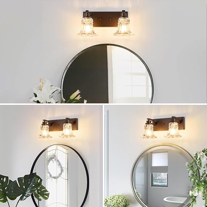 Vintage 2-Light Bathroom Vanity Light, Oil Rubbed Bronze Bathroom Light Fixtures with Floral Clear Glass Shades, Antique Wall Sconce Fixtures for Dressing Table, Bedroom