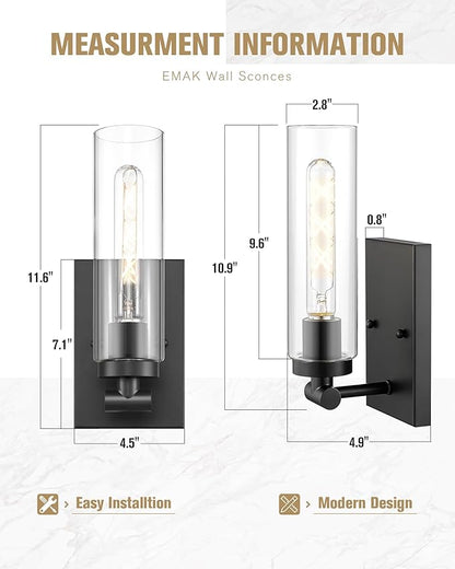 Emak Modern Black Wall Sconces Set of Two, Farmhouse Bathroom Sconce with Clear Glass Shade, 2 Light Bathroom Vanity Light for Living Room, Bedroom, Gallery, WS086-BK-CG-2PK
