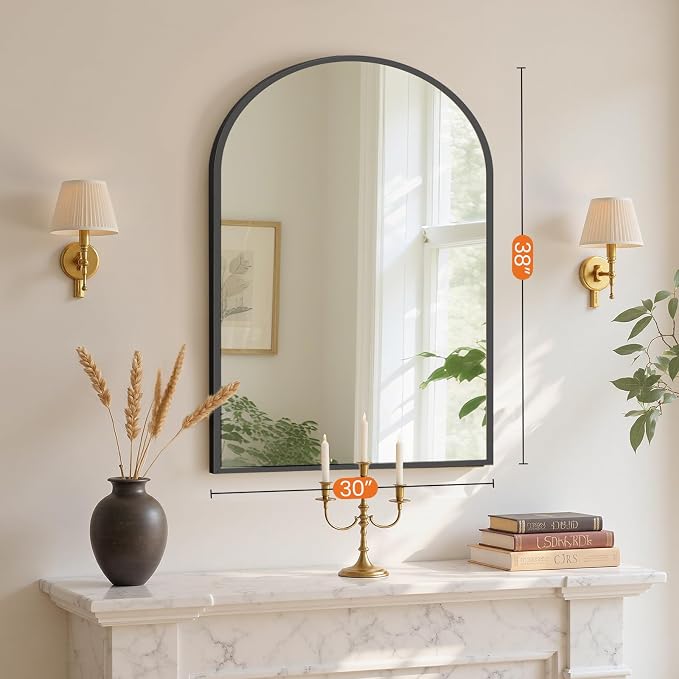 Sweetcrispy 38x30 Bathroom Mirrors for Wall, Arched Mirror for Over Sink | Metal Framed HD Shatter-Proof Glass, Over Sink Entryway, Living Room Home Decor, Black