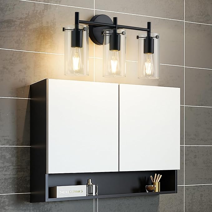 Indoi Bathroom Light Fixtures, 3-Light Matte Black Vanity Light, Black Bathroom Lights Over Mirror with Clear Glass Shade, Wall Sconces for Mirror Bedroom Living Room Hallway