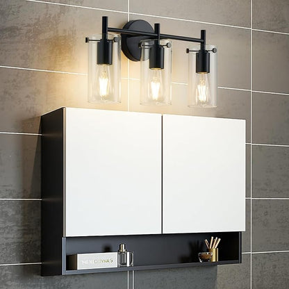 Indoi Bathroom Light Fixtures, 3-Light Matte Black Vanity Light, Black Bathroom Lights Over Mirror with Clear Glass Shade, Wall Sconces for Mirror Bedroom Living Room Hallway