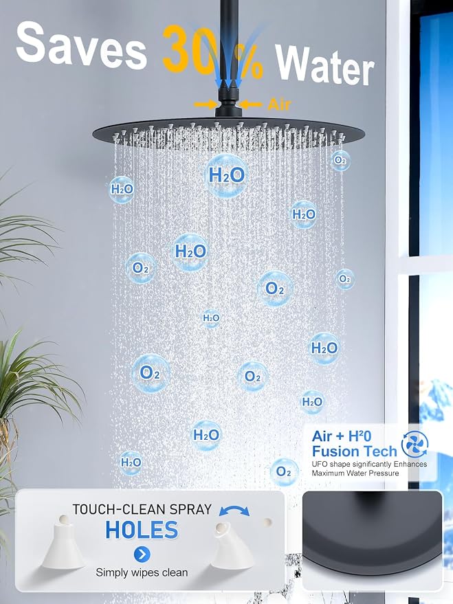 Woindo Shower Faucet Set with Slide Bar, 12" Rain Shower Head/8'' Side Shower Head and 10 Setting Handheld Ceiling Mount 3 Push Button Diverter Complete Rainfall Shower System Included Valve Trim Kit