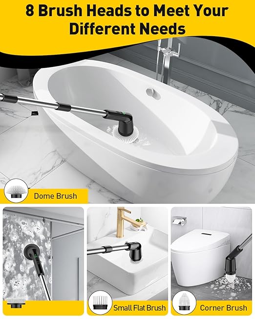 Electric Spin Scrubber for Bathroom, Shower Scrubber with Long Handle | Shower Cleaner Brushes, IPX7 Waterproof & 2 Speed, 8 Brush Heads, 90min Runtime, Bathroom Cleaning Supplies for Toilet Tub
