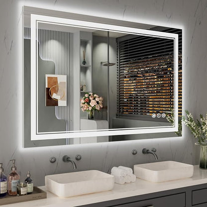 48x32 Inch LED Bathroom Mirror with Lights | Front and Backlit, 3 Colors, Dimmable, Memory, Anti Fog, Shatterproof, Horizontal/Vertical, Lighted Mirrors for Bathroom Wall