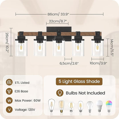 5-Light Bathroom Light Fixtures, Farmhouse Vanity Lights for Bathroom with Glass Square Shade, Rustic Vanity Lights, Sconce Wall Light, E26 Base (Bulbs Not Included), ETL Listed FS10BD05