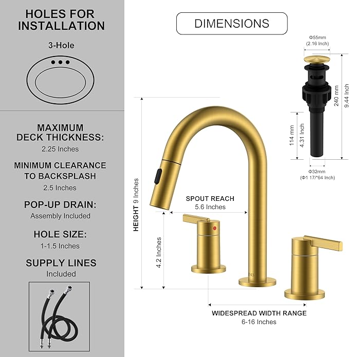 KENES Brushed Gold Pull Down Bathroom Faucet, 8 Inch 2 Handle Widespread Bathroom Faucet 3 Hole with Pull Out Sprayer, Bathroom Sink Faucet with Pop Up Drain & Supply Lines LJ-9068-4