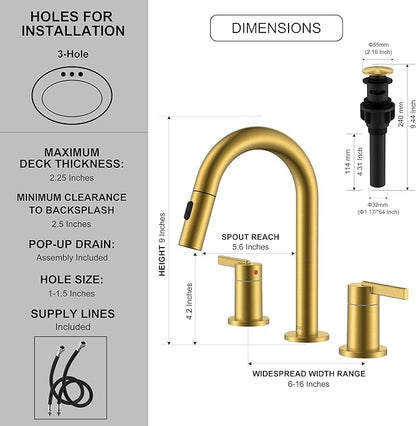KENES Brushed Gold Pull Down Bathroom Faucet, 8 Inch 2 Handle Widespread Bathroom Faucet 3 Hole with Pull Out Sprayer, Bathroom Sink Faucet with Pop Up Drain & Supply Lines LJ-9068-4