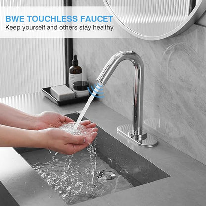 BWE Touchless Bathroom Sink Faucet,Chrome Automatic Motion Sensor Faucet,Hand-Free Electric Smart Commercial Sink Faucet,with Hole Cover Plate and Control Box,Battery or Plug-in Powered