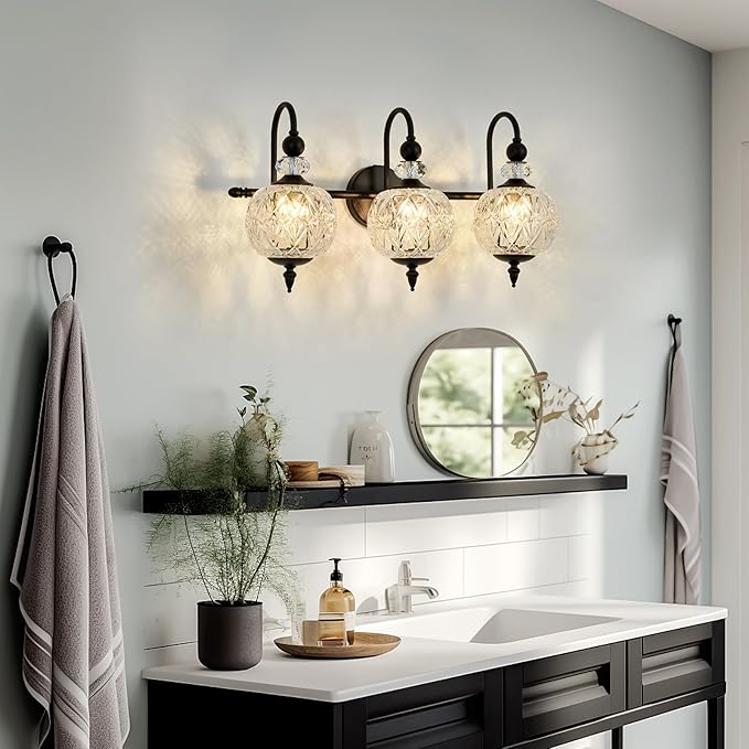 Vintage Bathroom Light Fixtures Black Vanity Light with Glass Globe LampShade 3 Lights Mid Century G9 Bulb Wall Sconce Indoor Vanity Light Over Mirror for Kitchen Bedroom Farmhouse