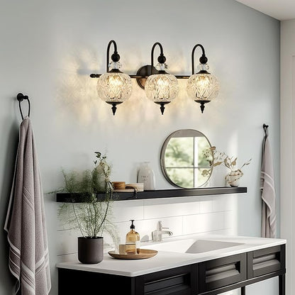 Vintage Bathroom Light Fixtures Black Vanity Light with Glass Globe LampShade 3 Lights Mid Century G9 Bulb Wall Sconce Indoor Vanity Light Over Mirror for Kitchen Bedroom Farmhouse