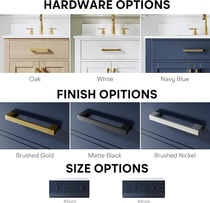 80-Inch Bathroom Vanity with Double Sinks W/ 4 Doors & 4 Drawers & 2 Flip Drawers, Navy Blue Vanity W/Brushed Gold Handles