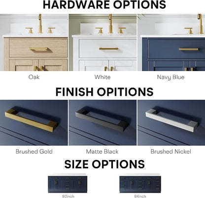 80-Inch Bathroom Vanity with Double Sinks W/ 4 Doors & 4 Drawers & 2 Flip Drawers, Navy Blue Vanity W/Brushed Gold Handles