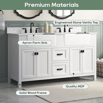 60 Inch White Bathroom Vanity with Double Sink, Farmhouse Bathroom Vanities Cabinet with Soft Closing Doors & Dovetail Drawers, Vanity for Bathroom with Apron Farm Sink, Adjustable Feet