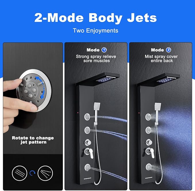Multi-Function LED Lights Shower Panel System Black, 5 in 1 Shower Panel Include Rainfall & Waterfall Shower Head, 3 Pcs Adjustable Massage Jets, Handheld Shower, Tub Spout